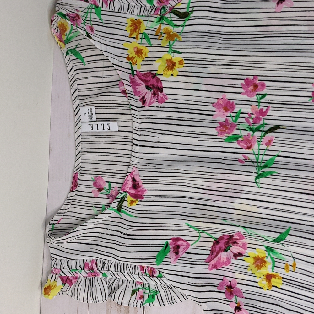 Elle High Neck Ruffled Sleeve Floral/Striped Blouse Small - Picture 3 of 5